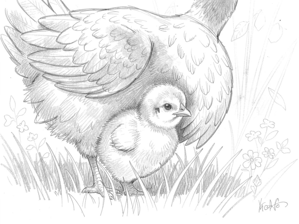 A charming close-up of a chick peeking out from beneath its mother's wing in a sunlit garden, looking utterly adorable and at ease.