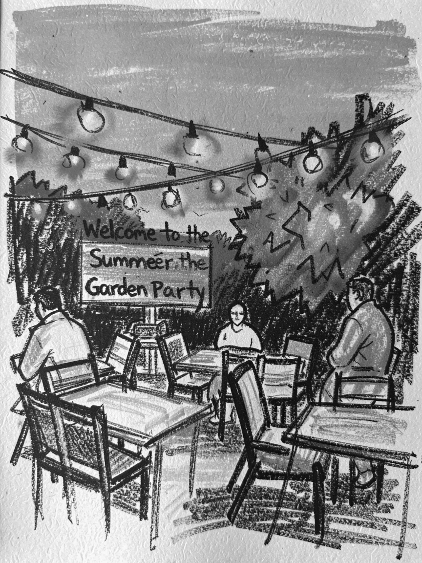 A summer garden party with string lights and lanterns, as the last light of day fades to dusk.
