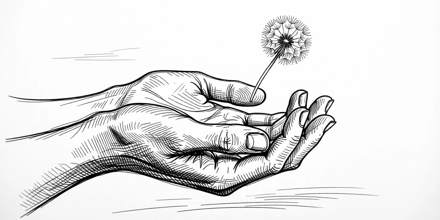 A pair of hands releasing a wish upon a floating dandelion seed.
