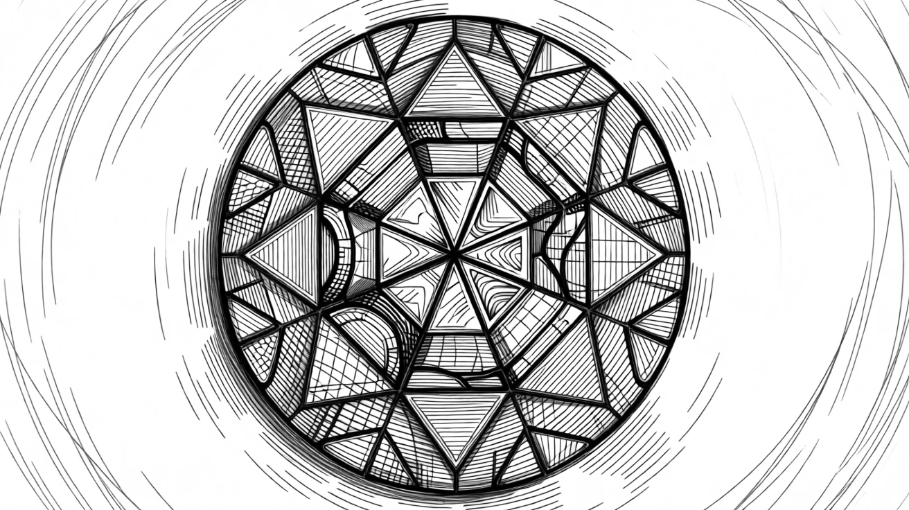 A circular mosaic of tiled shapes set against a softly textured background, with layered textures adding depth to the design, forming a harmoniously balanced decorative composition.