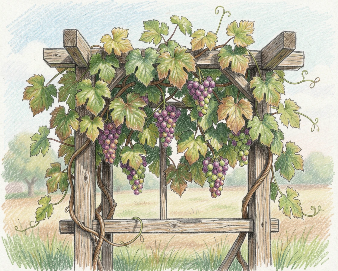A rural garden trellis heavy with climbing grapevines, with delicate details that reward a closer look, radiating comfort, joy, and quiet beauty.