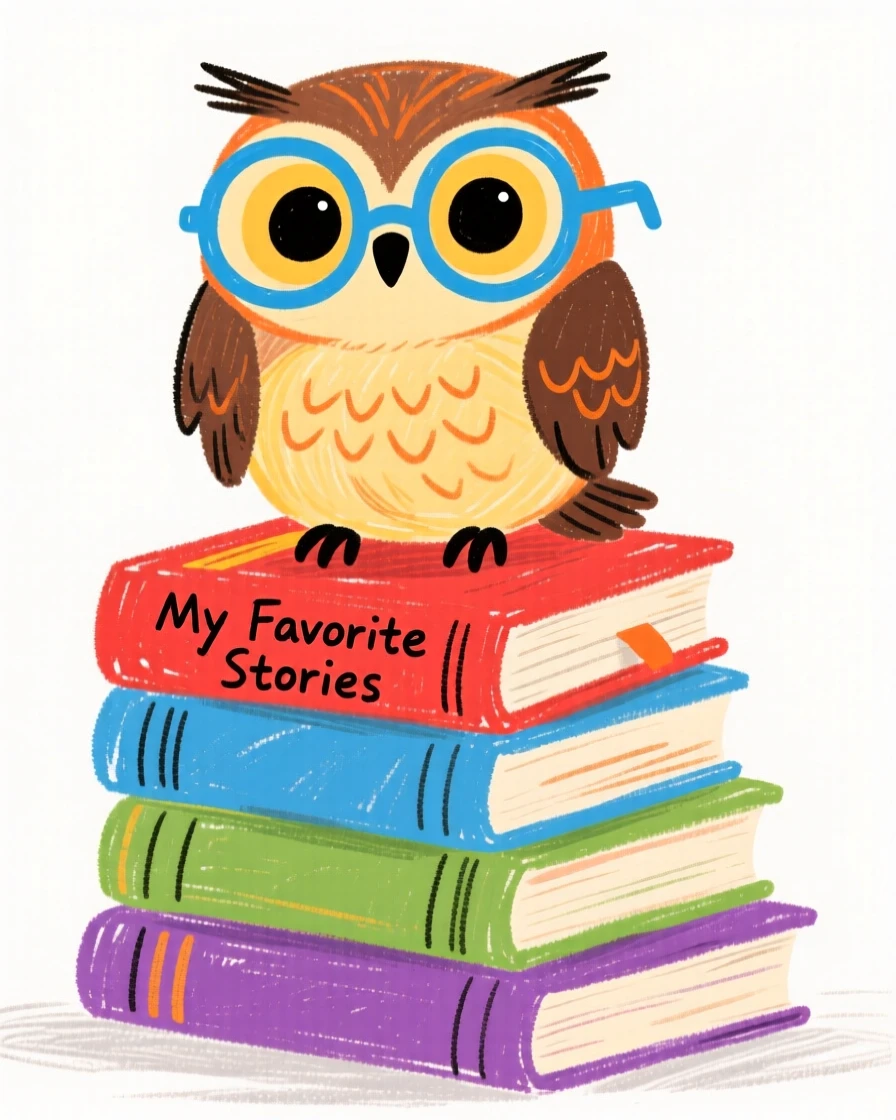 A owl wearing spectacles perched atop a stack of storybooks.