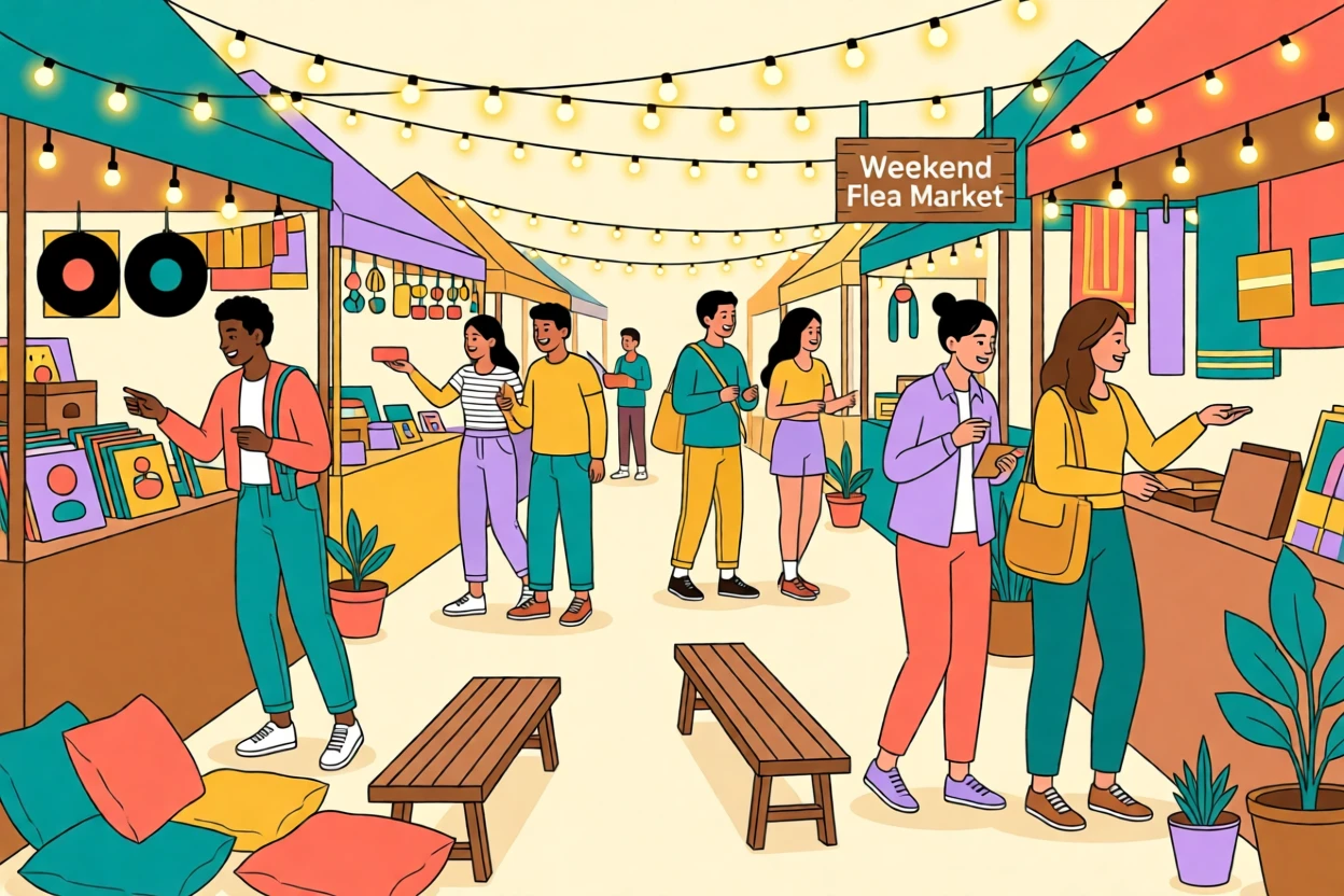 A group of friends browsing a vibrant weekend flea market, surrounded by warm string lights and cozy seating, composed with playful diagonal energy, with vibrant, trendy colors that feel fresh and current.