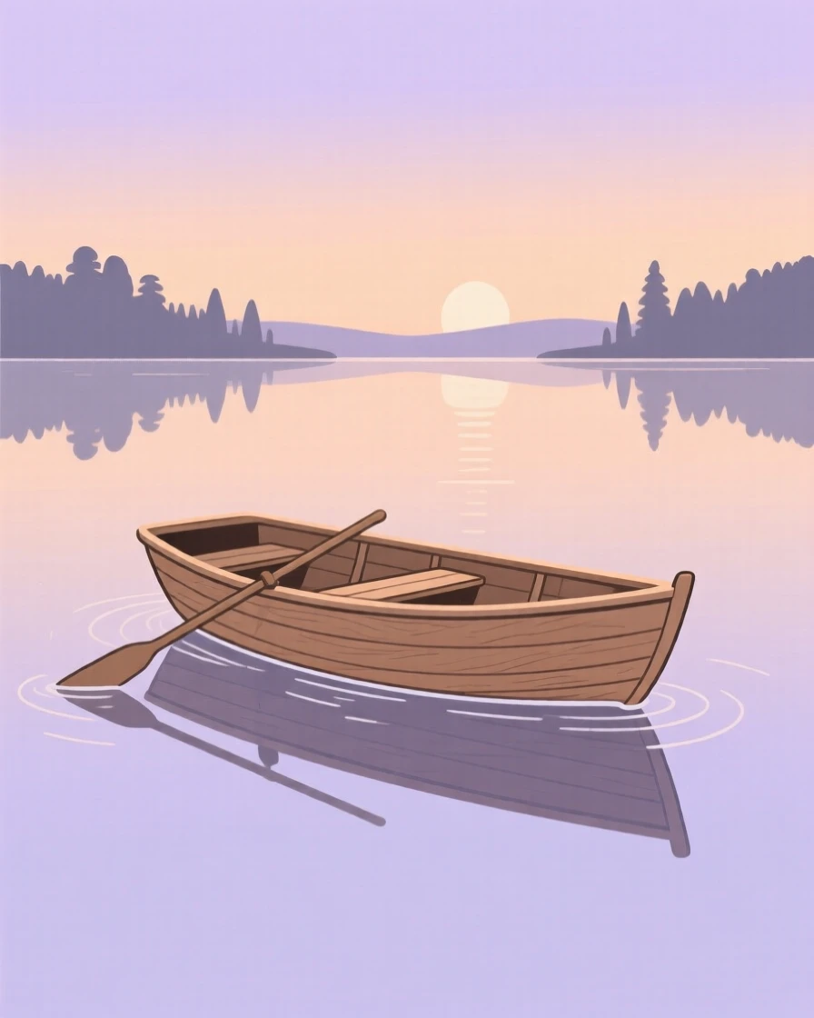 A small boat gliding smoothly across a mirror-calm lake at dawn.