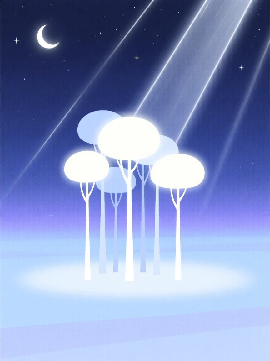 A magical forest where the trees glow softly at night nestled within an ocean of soft light, glowing near gentle beams of moonlight, full of whimsical fantasy.