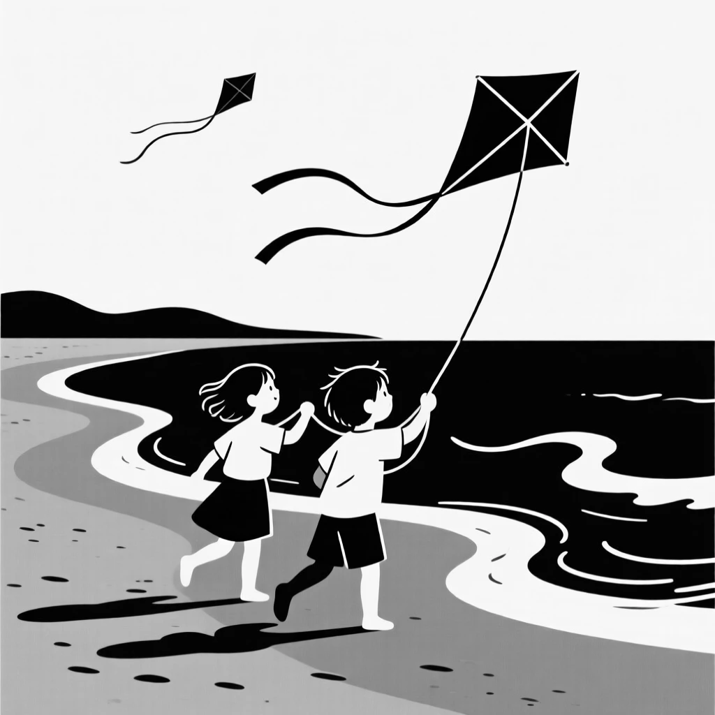 Children flying kites together on a breezy beach.