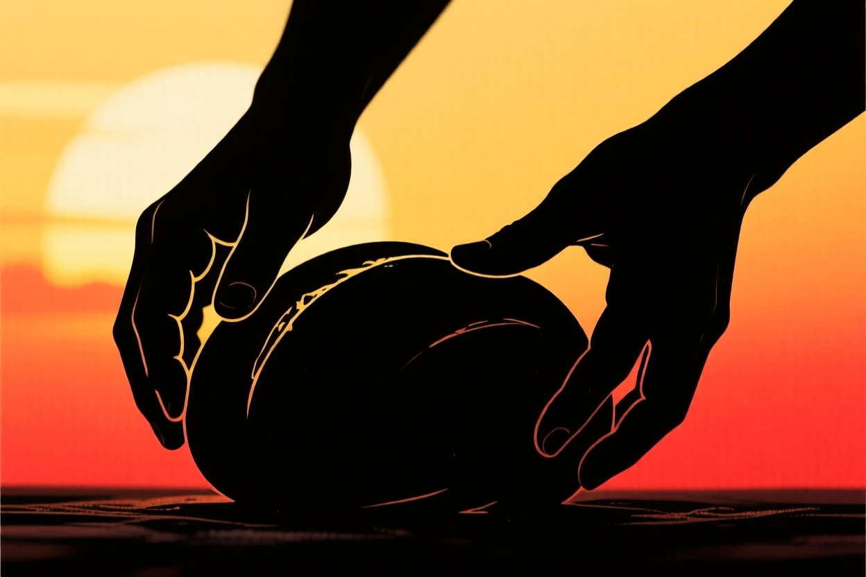 A pair of hands shaping a lump of dough into a round loaf of bread.