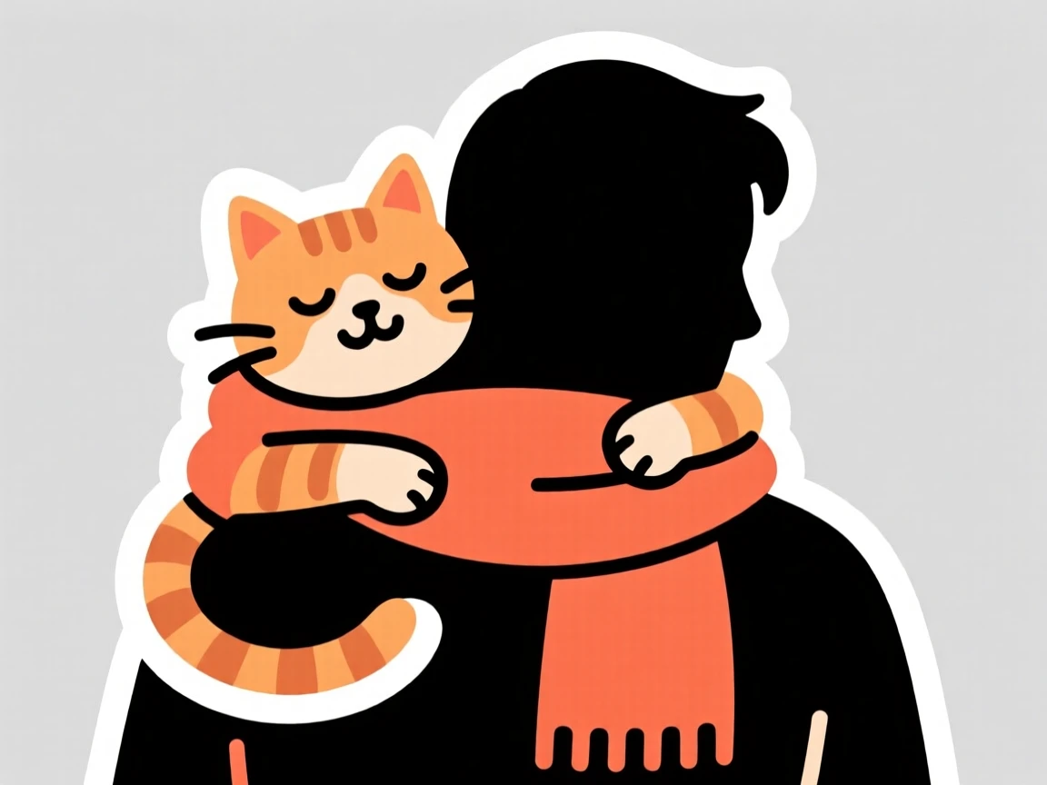 A delightfully relatable cat wrapped around a person's shoulders like a scarf, caught in a perfectly timed adorable pose, a simple moment that feels universally loved.