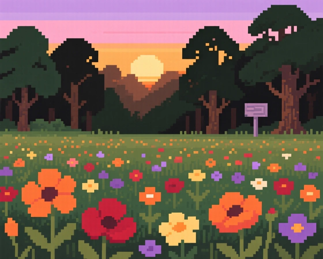 A field of wildflowers reflecting the colors of a setting sun, at the edge of an ancient, quiet forest.
