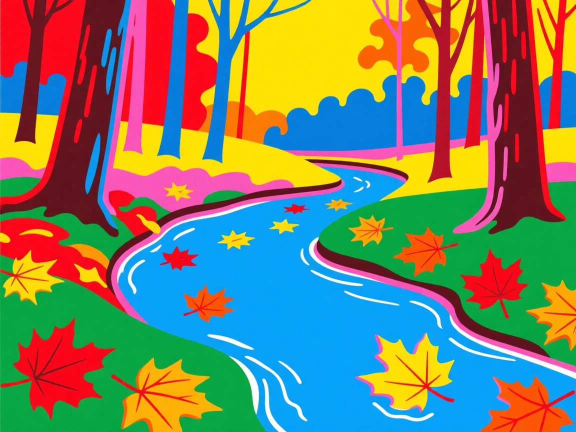 Autumn forest stream lined with fallen leaves