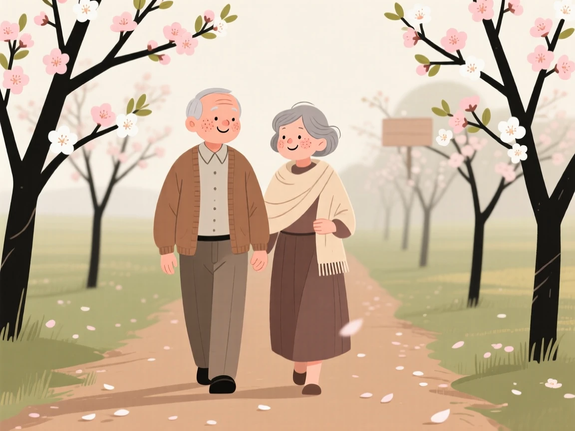 The first blossoms of spring open along a quiet orchard lane as a elderly couple walks slowly by, breathing in the fresh scent of new blooms in the mild morning air.