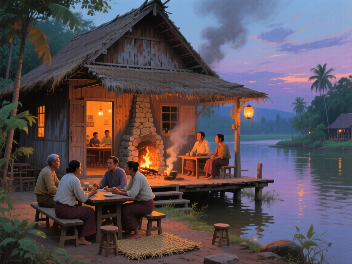 A centered composition of a village pub with a roaring fire and patrons sharing stories, in a Thai river village, at dusk.