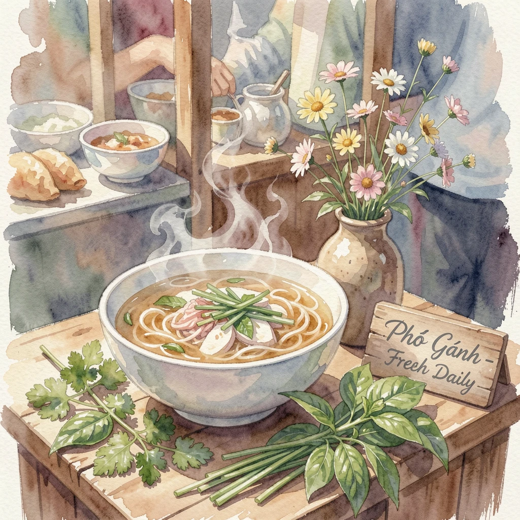 A bowl of pho with fresh herbs on a street food stall counter with a small vase of flowers nearby.