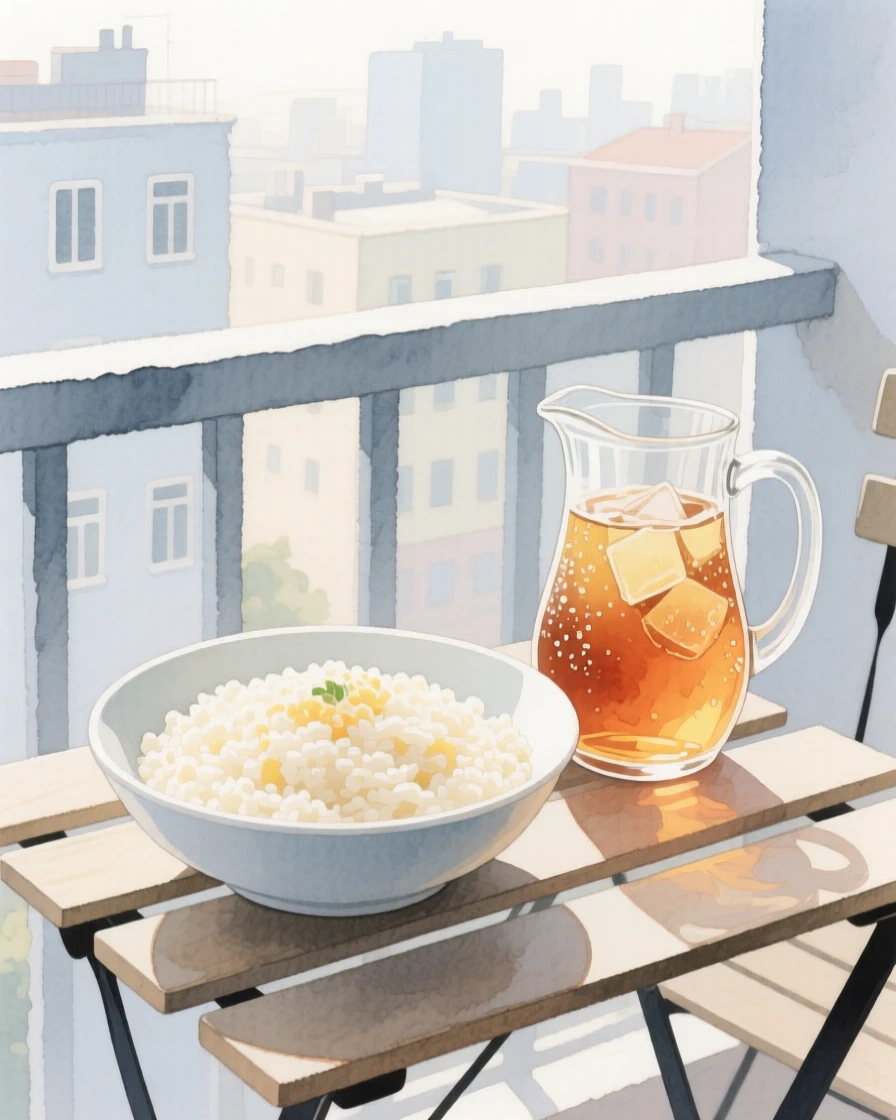 A bowl of creamy risotto sits beside a pitcher of iced tea on a balcony overlooking the city, arranged beautifully for a delightful meal