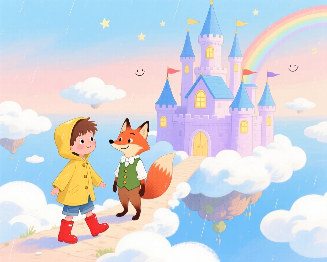 A small boy in rain boots and a talking fox in a waistcoat exploring a floating castle in the clouds together.