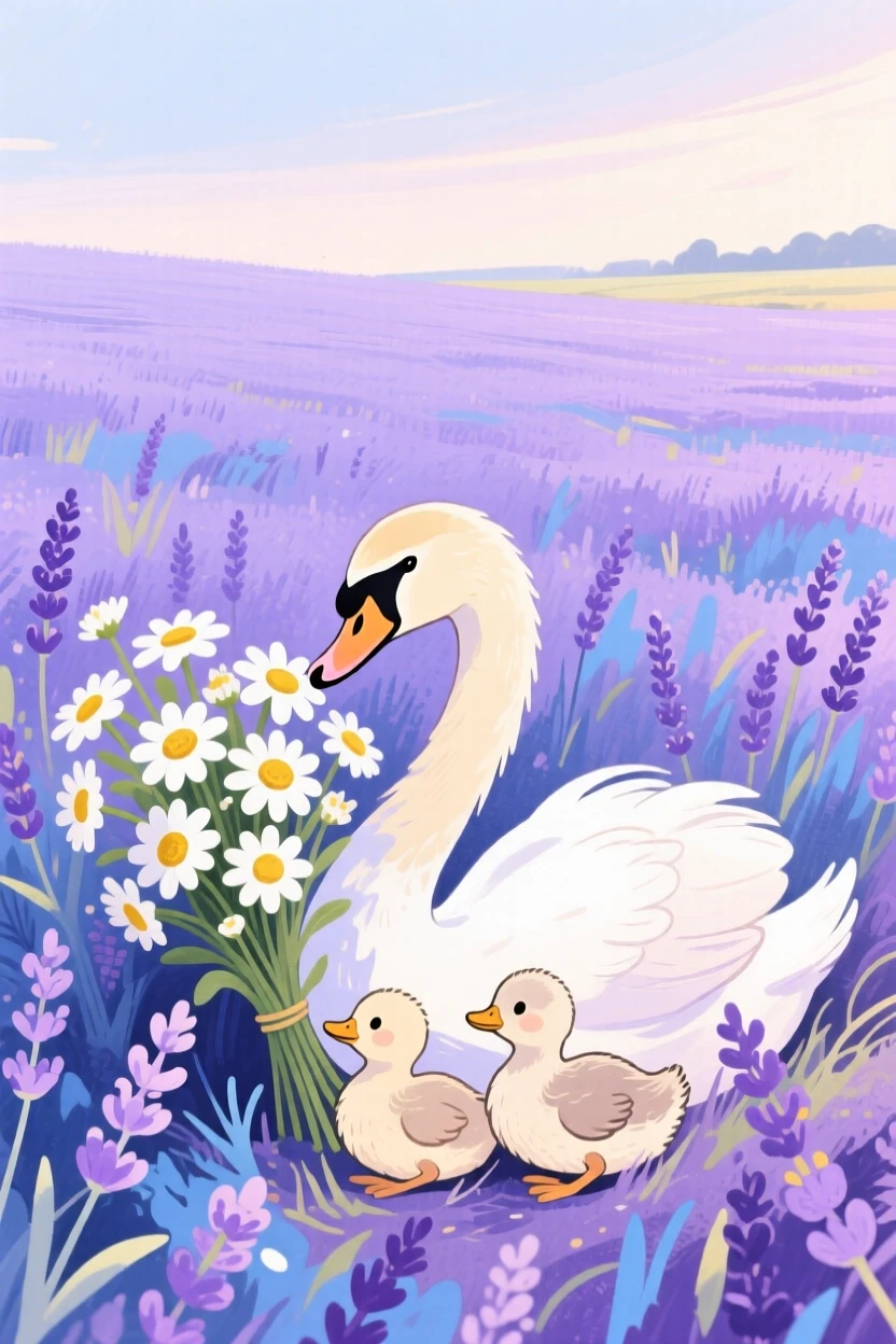 A swan and her cygnets sniffing a bouquet of daisies, set in a lavender field stretching to the horizon, capturing a fleeting moment of quiet contentment.