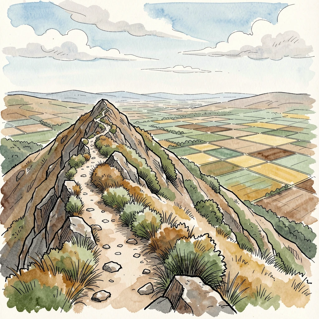 A steep ridge trail overlooking a patchwork valley far below, clouds drifting slowly across an otherwise clear sky.