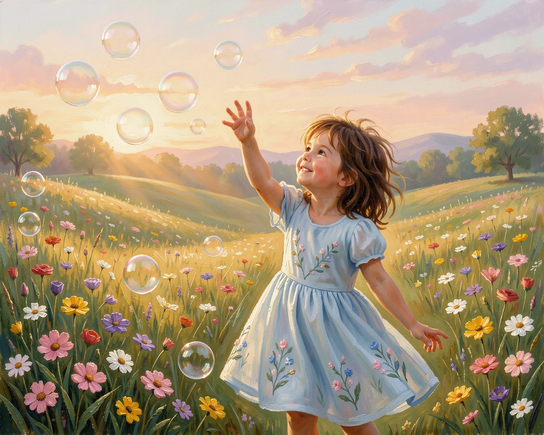 A little girl chasing bubbles in a sunlit park, a quiet moment of reflection, in a sunlit meadow scattered with wildflowers, at golden hour, the light warm and glowing.