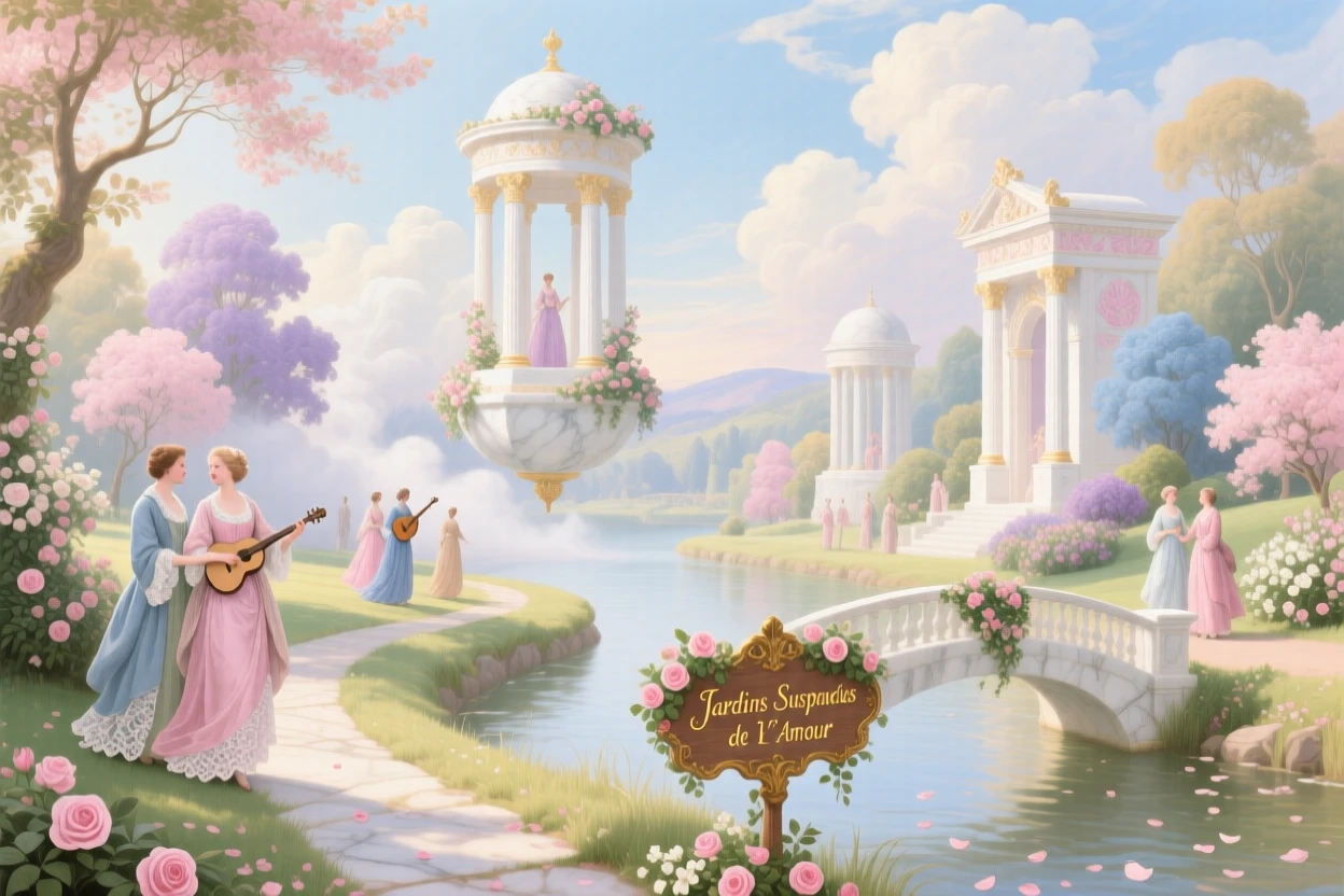A garden river flowing through a valley of floating marble temples  