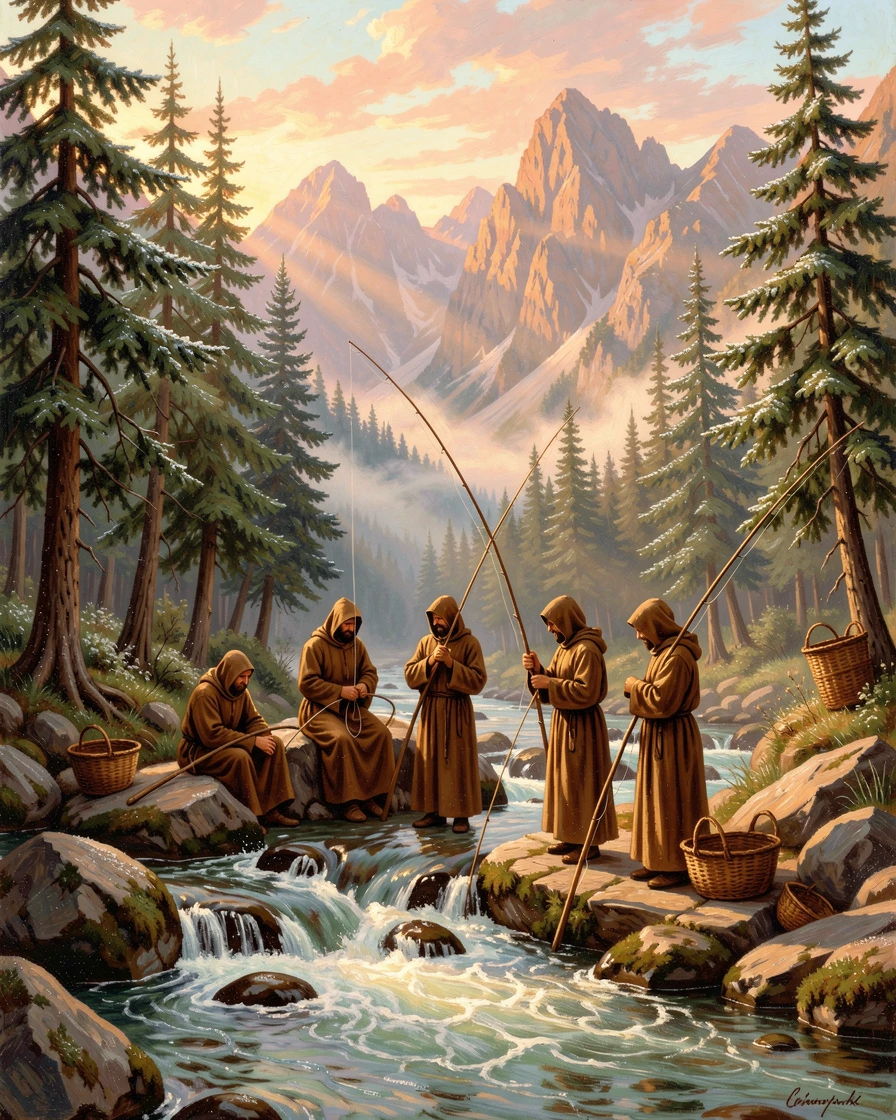 A group of monks fishes along the banks of a rushing mountain stream at the first light of morning.