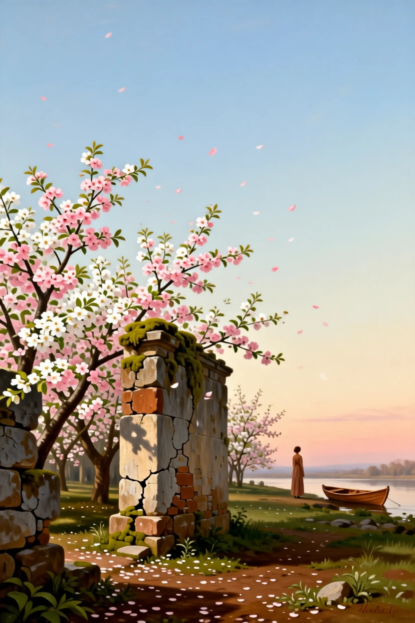A blossoming cherry orchard scattering petals on a spring breeze captured in the fleeting stillness of a perfect moment, set beside the remnants of an old stone wall or ruin, with a distant figure or small boat lending quiet scale to the vastness; a low horizon line gives dramatic weight to an expansive sky, filled with calm, restorative beauty.