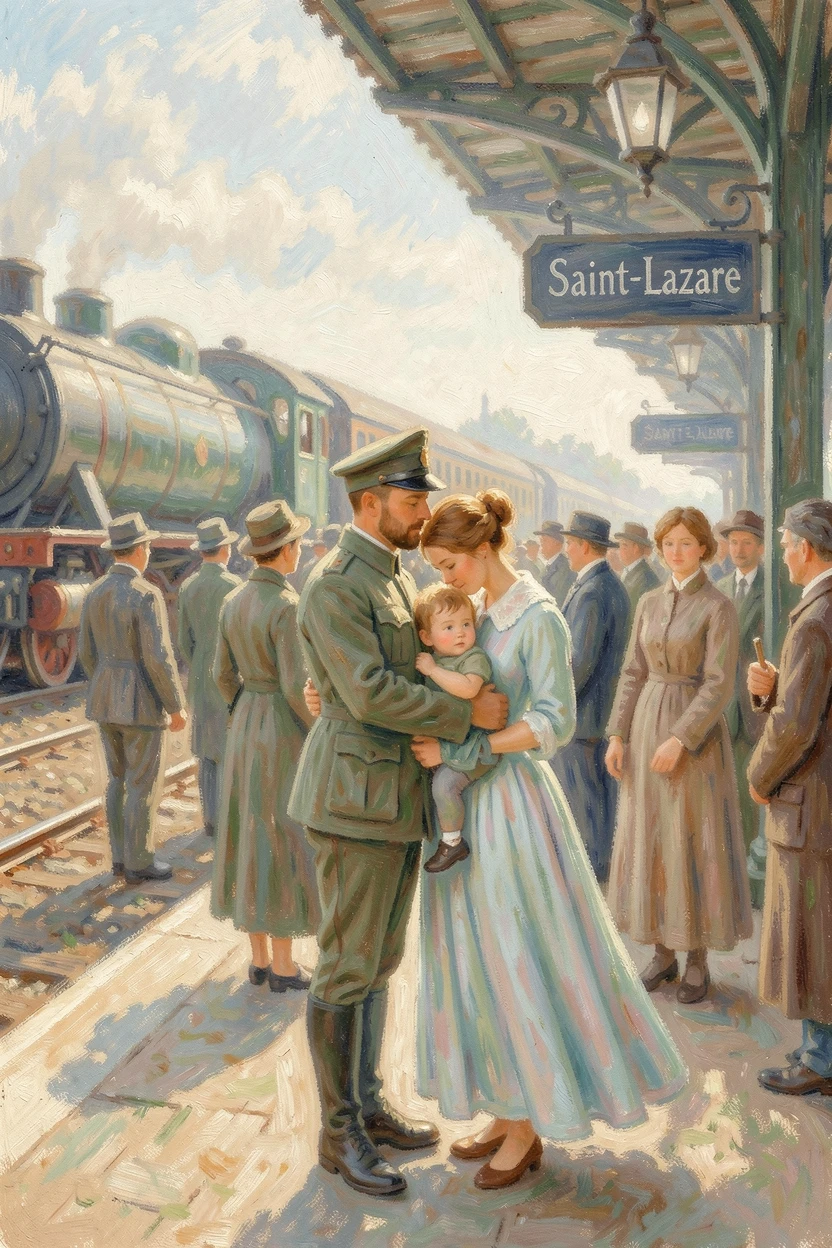 A wartime homecoming scene at a train station, a soldier embracing his family amid a crowd of onlookers, radiating serenity and gentle stillness.