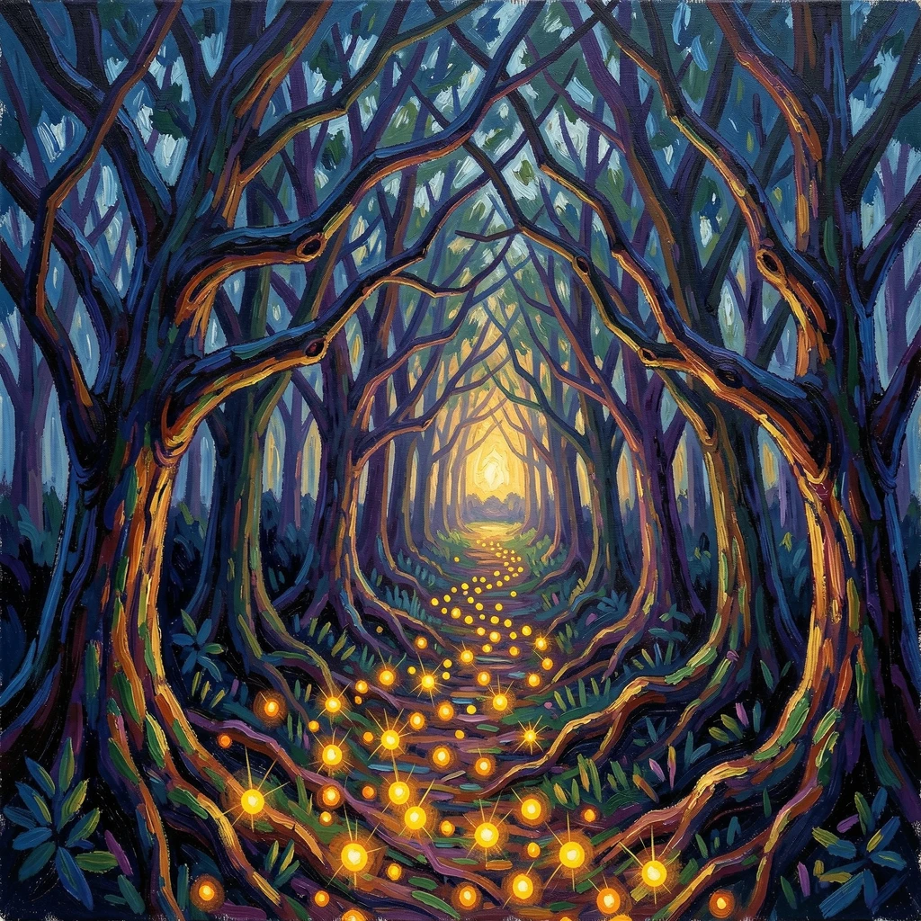 A trail of glowing fireflies leading through a dark forest toward a distant clearing.