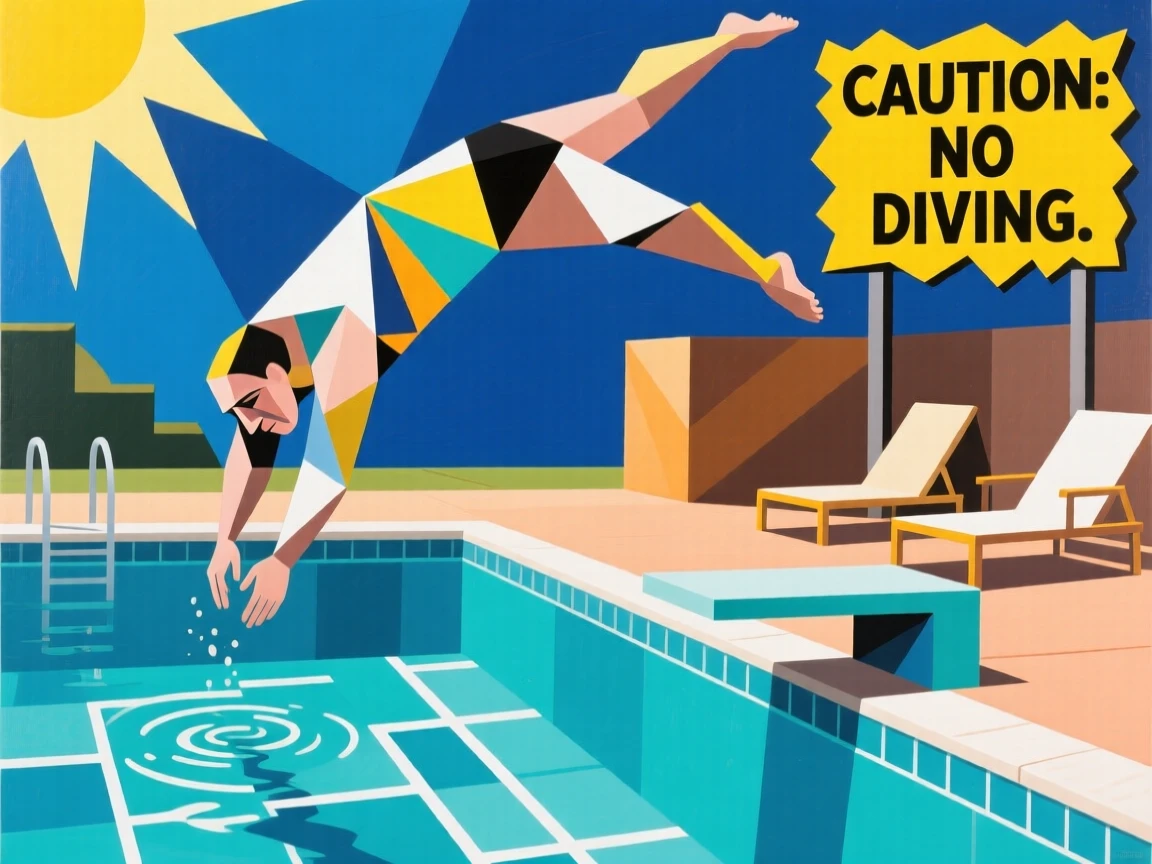 A diver caught mid-air in a graceful arc above a sunlit swimming pool.