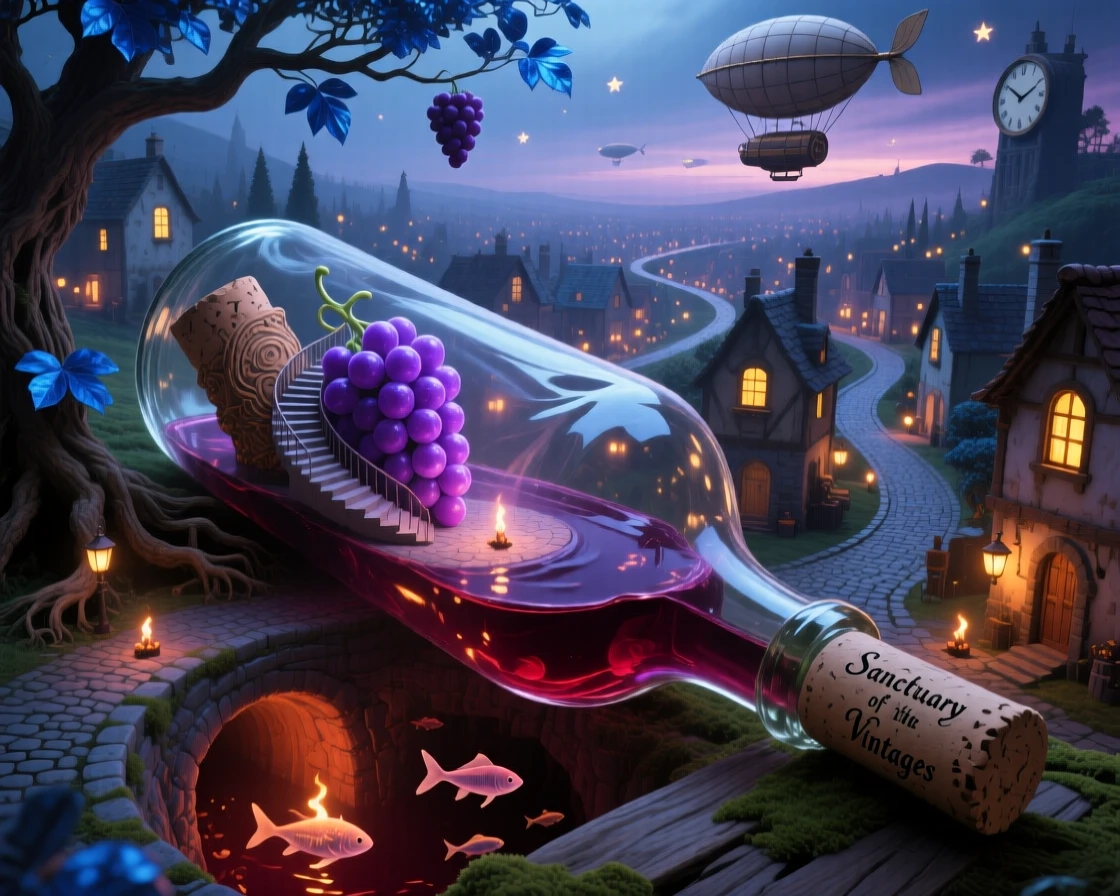 A sprawling village built inside the hollow of an old wine bottle seems impossibly vast for such a small container, as tiny lights flicker like distant, faraway stars.
