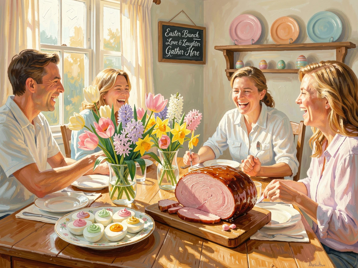 A joyful Easter brunch table shows a spread of pastel deviled eggs, ham, and fresh flowers arranged in a sunlit dining room, warm ambient light illuminating faces filled with joy and communal spirit.