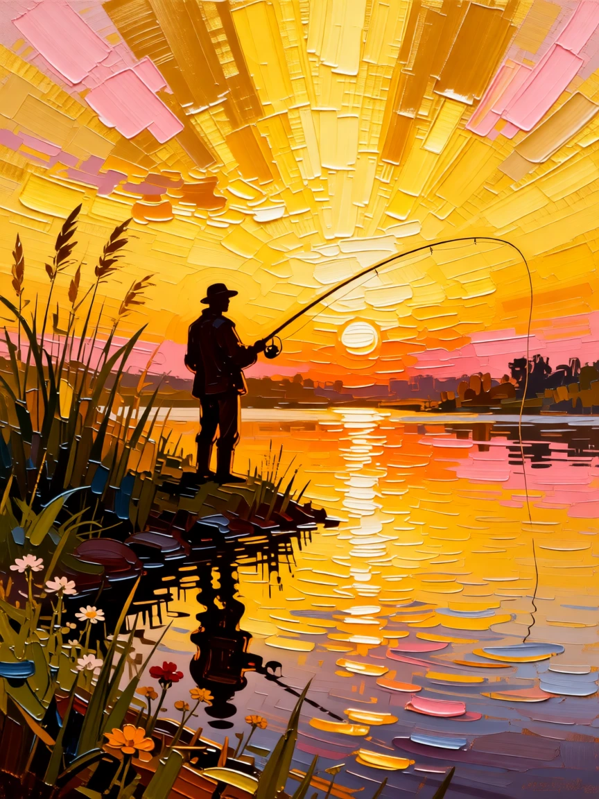 A fisherman silhouetted against a golden sunrise, casting a line from a quiet riverbank