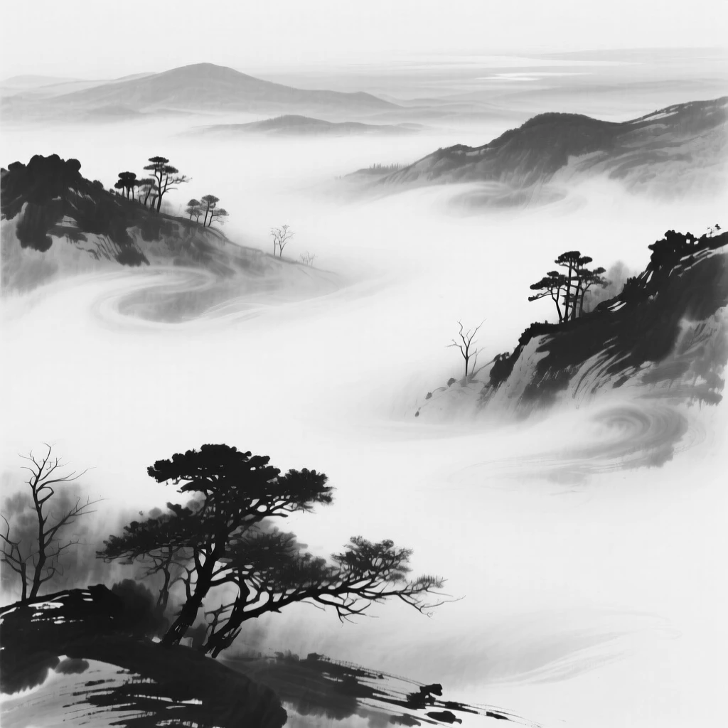 Thick fog rolls slowly through a valley, swallowing the tops of trees, as the last light of day fades across the horizon.