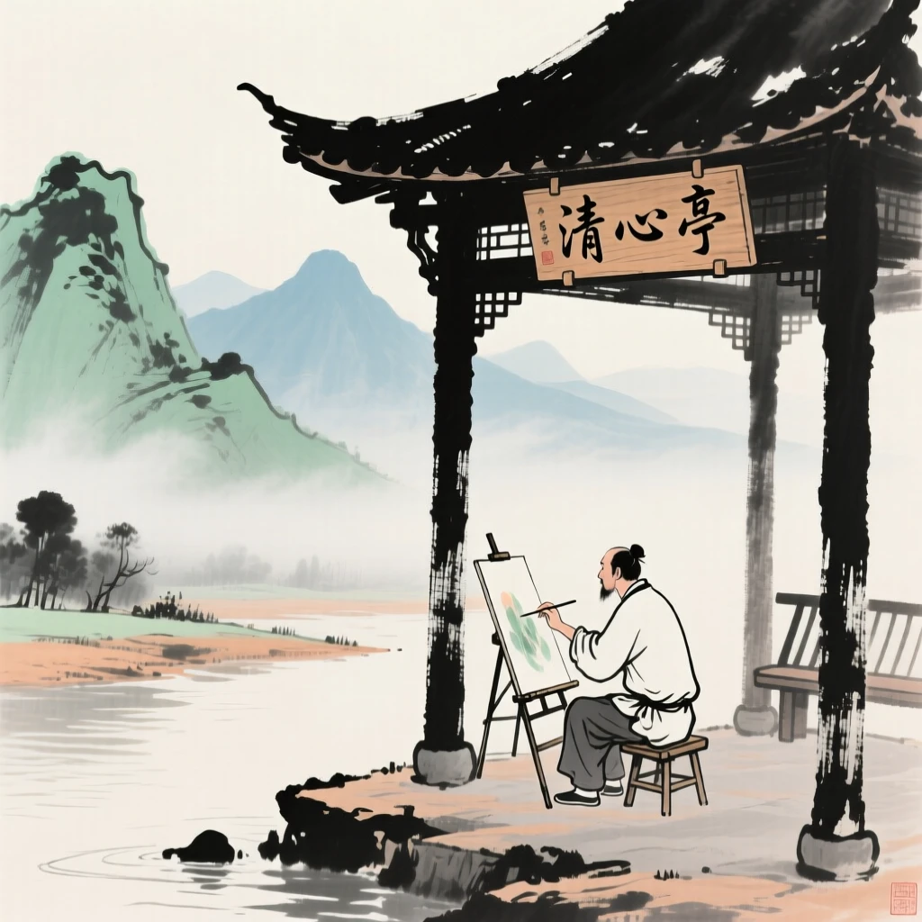 An artist sketching the mountains from a riverside pavilion, as morning mist begins to lift, evoking a sense of quiet solitude.