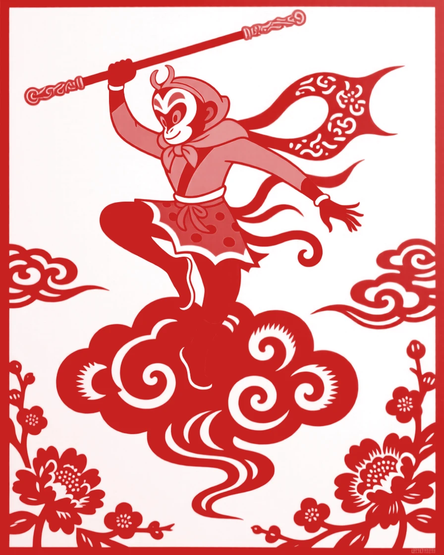 The Monkey King Sun Wukong balancing atop his cloud somersault, golden staff raised high against a backdrop of swirling clouds