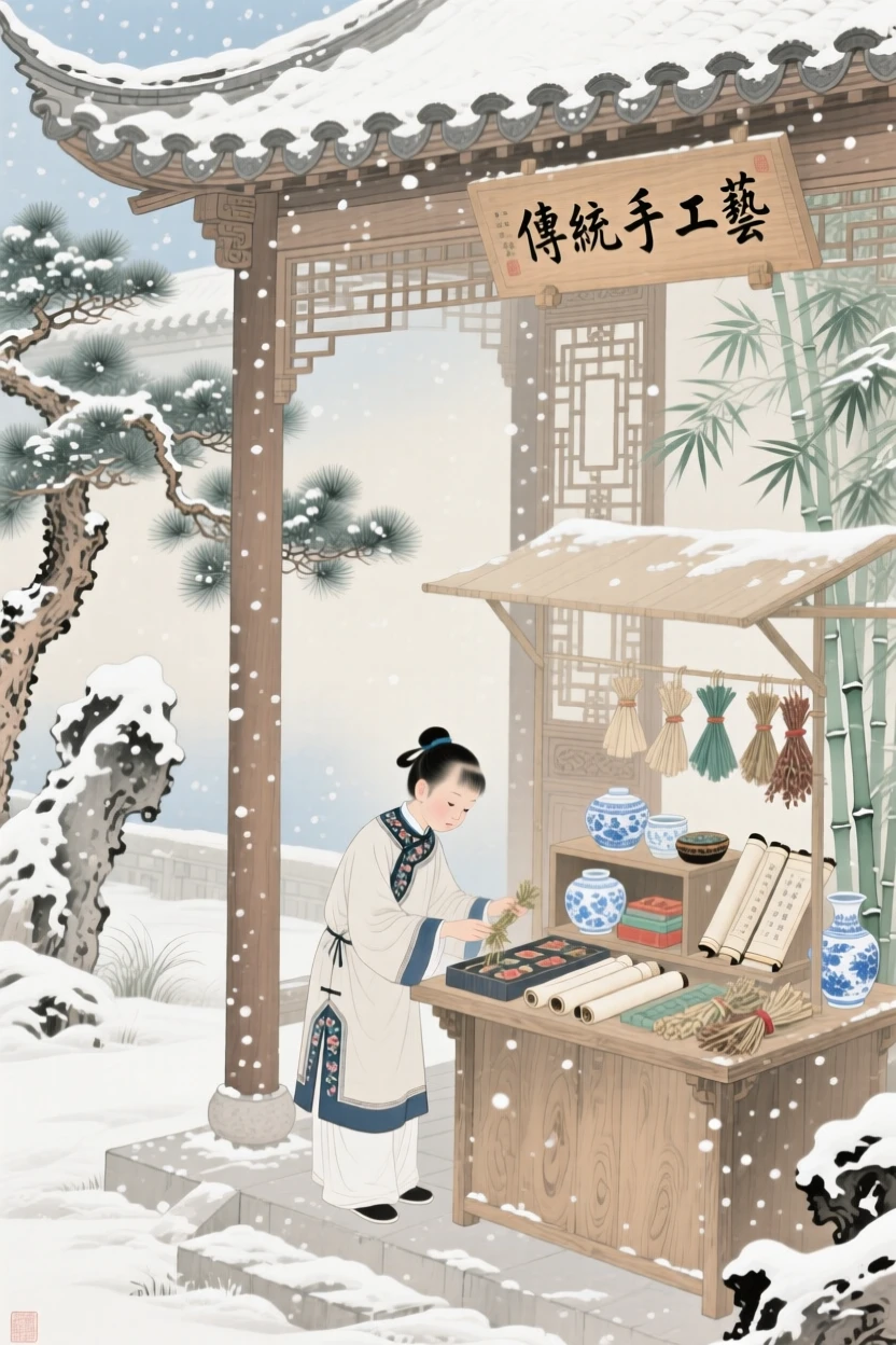 A young apprentice tending to a small stall of goods in a garden pavilion during a light snowfall
