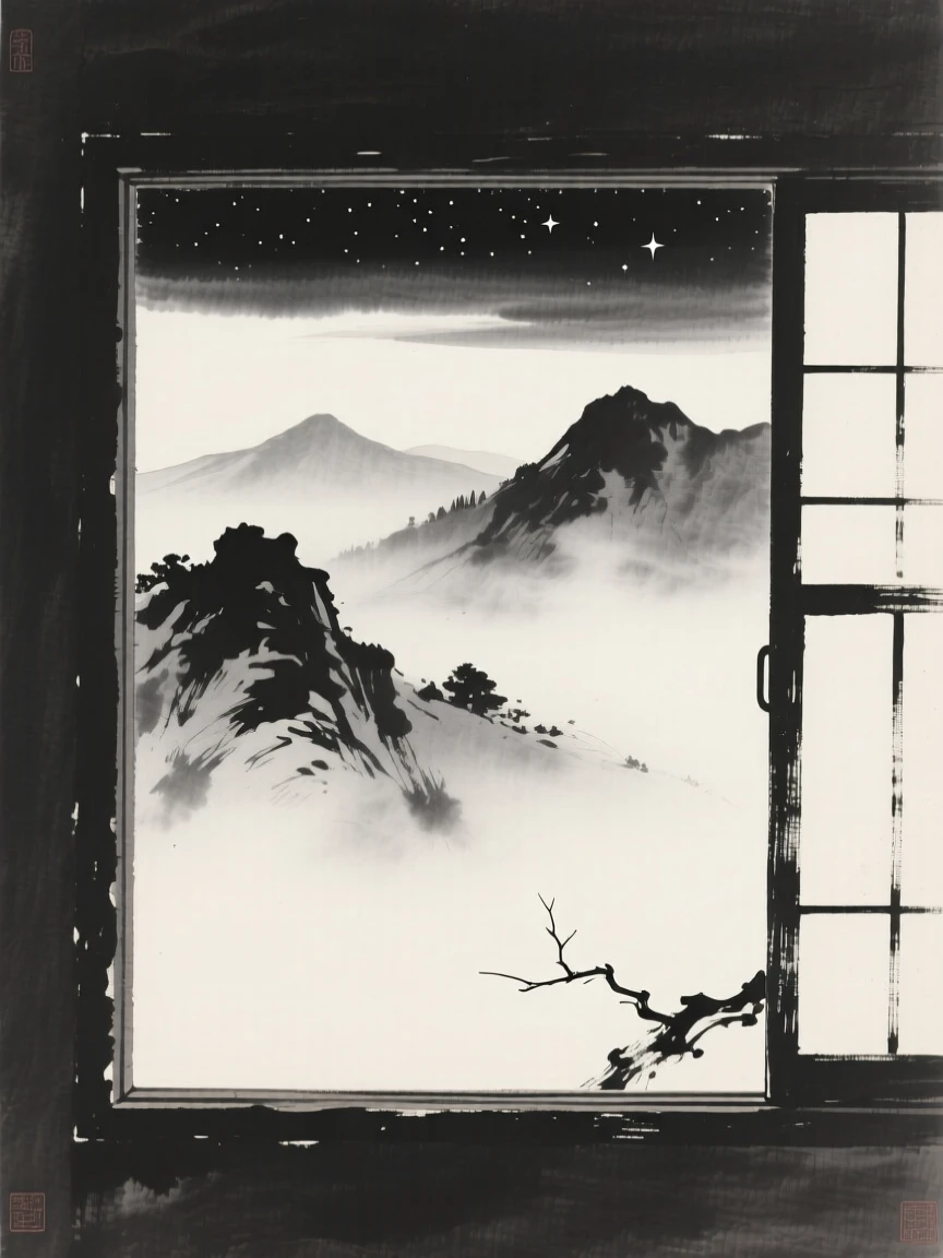 A solitary window open to a misty mountain view beneath a canopy of quiet stars, balanced with a single small detail against a quiet backdrop, evoking deep introspection and quiet solitude.