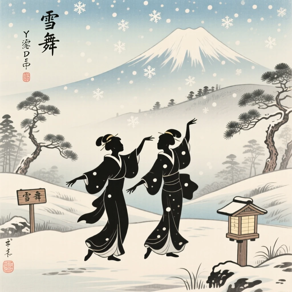 Two silhouettes dancing beneath falling snow, beneath layers of soft morning haze.
