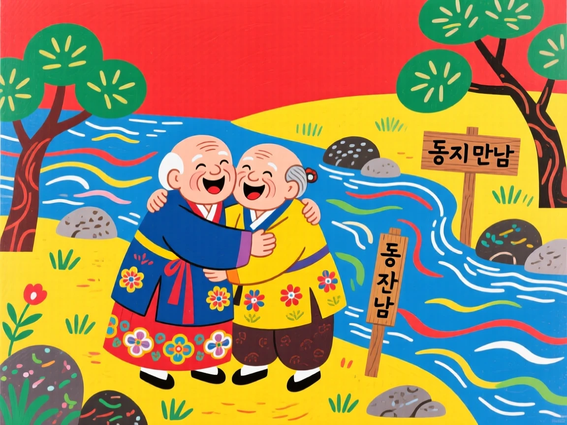 Two old friends reuniting with a warm embrace beside a gently flowing river.