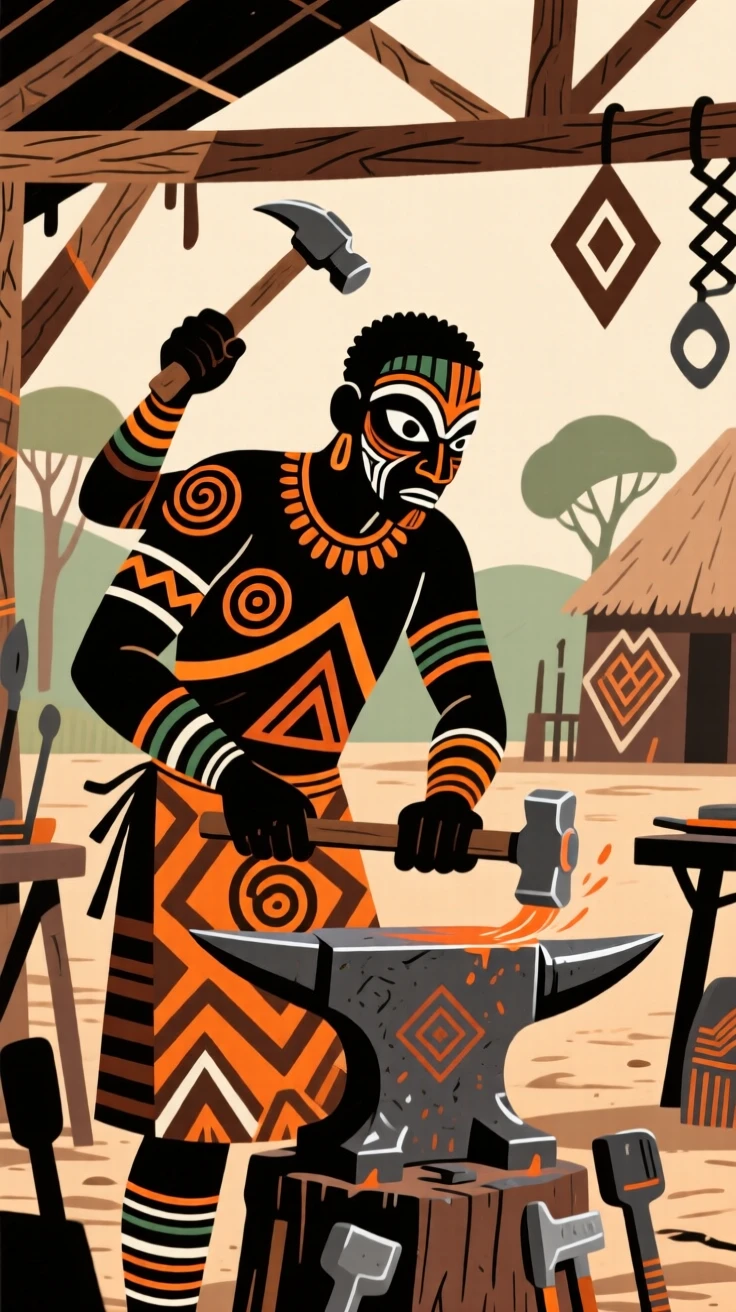 A village blacksmith working diligently in an open-air workshop.