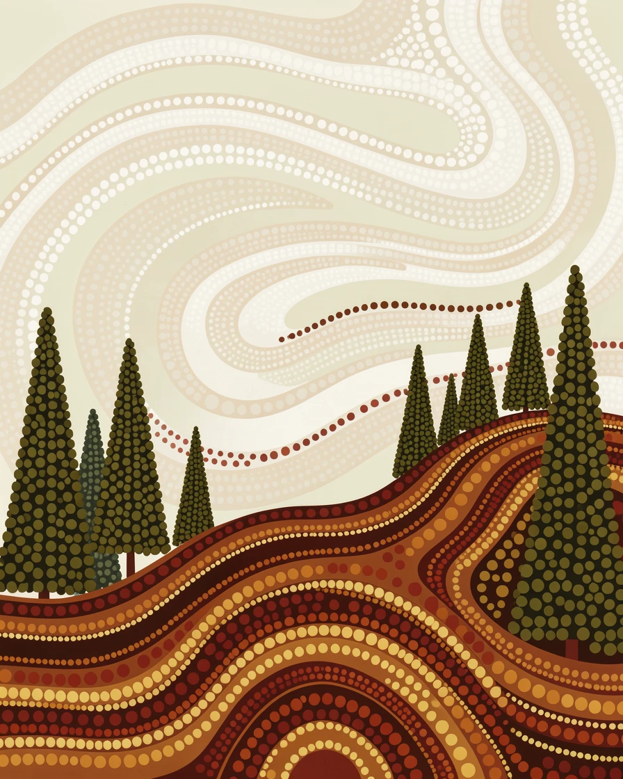 A foggy pine ridge stretching to the horizon