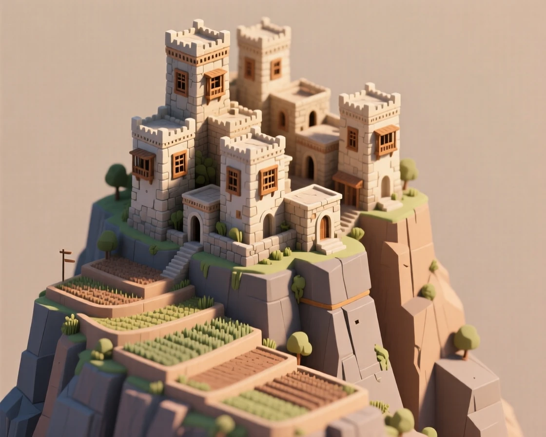 An ancient Yemeni mountain city with stone tower houses stacked on a cliffside, terraced fields cascading below.