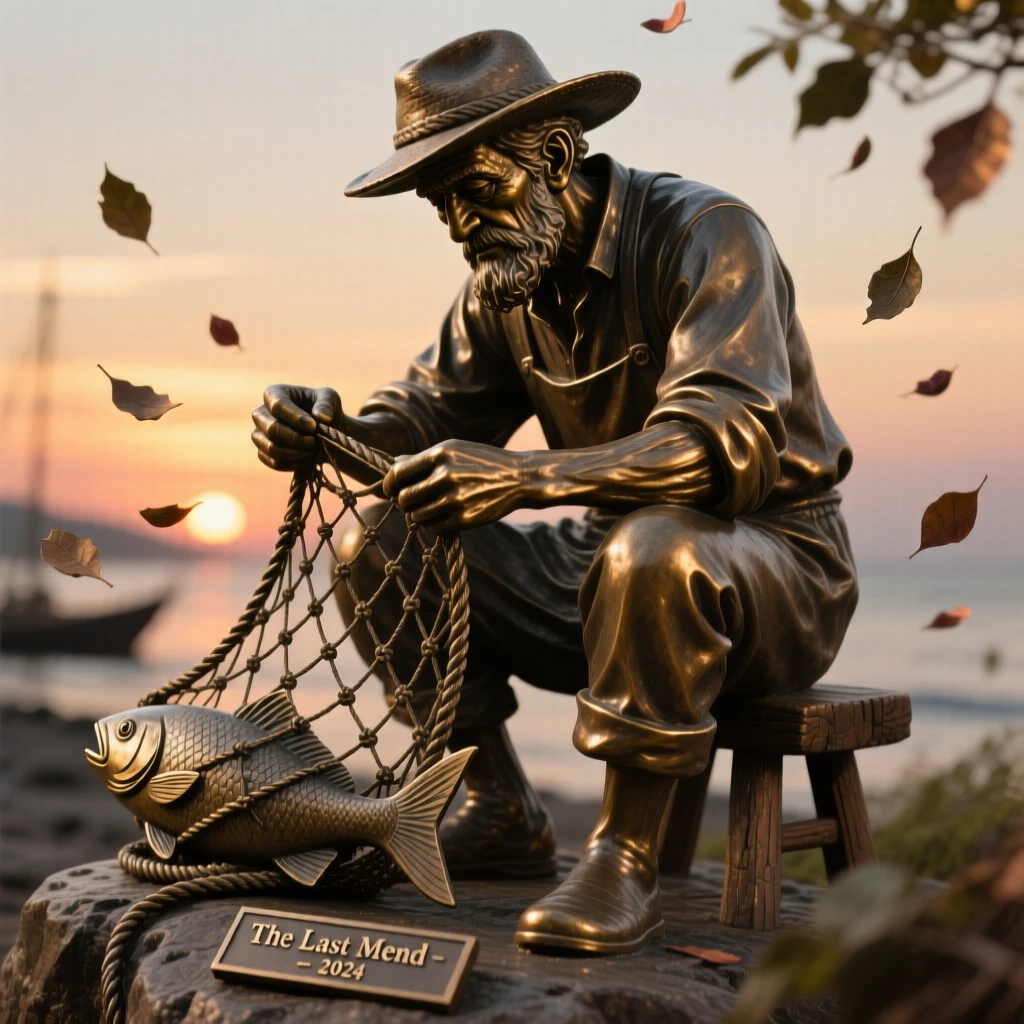 An old fisherman mending his nets at sunset, surrounded by falling petals or leaves, forming a strong central focal point