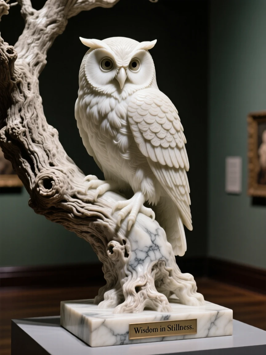 A beautifully composed image of a wise old owl perched in an ancient oak, in a moment of quiet stillness, full of atmosphere and visual storytelling