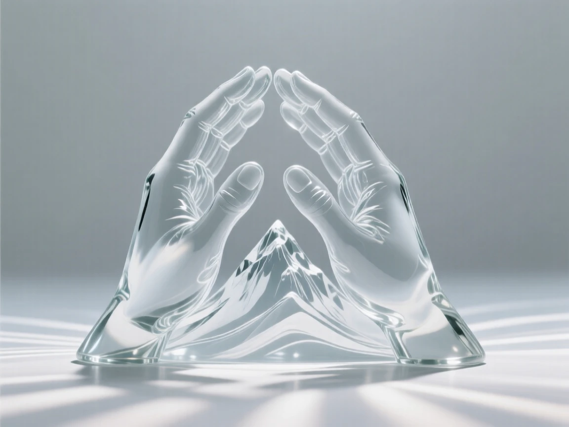 A mountain peak shaped like a pair of clasped hands as light radiates outward in gentle waves