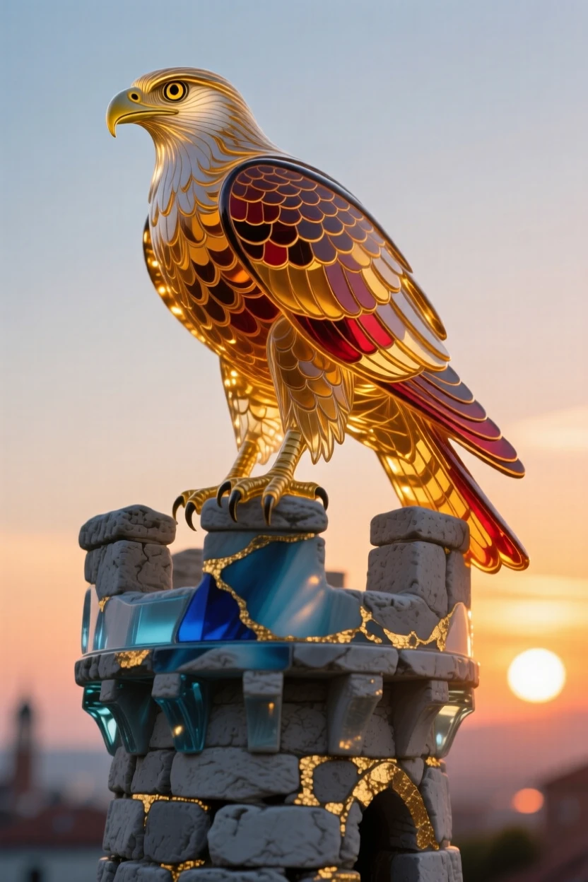 A lone falcon perched atop an ancient stone tower at the very height of sunset, noble and poised.