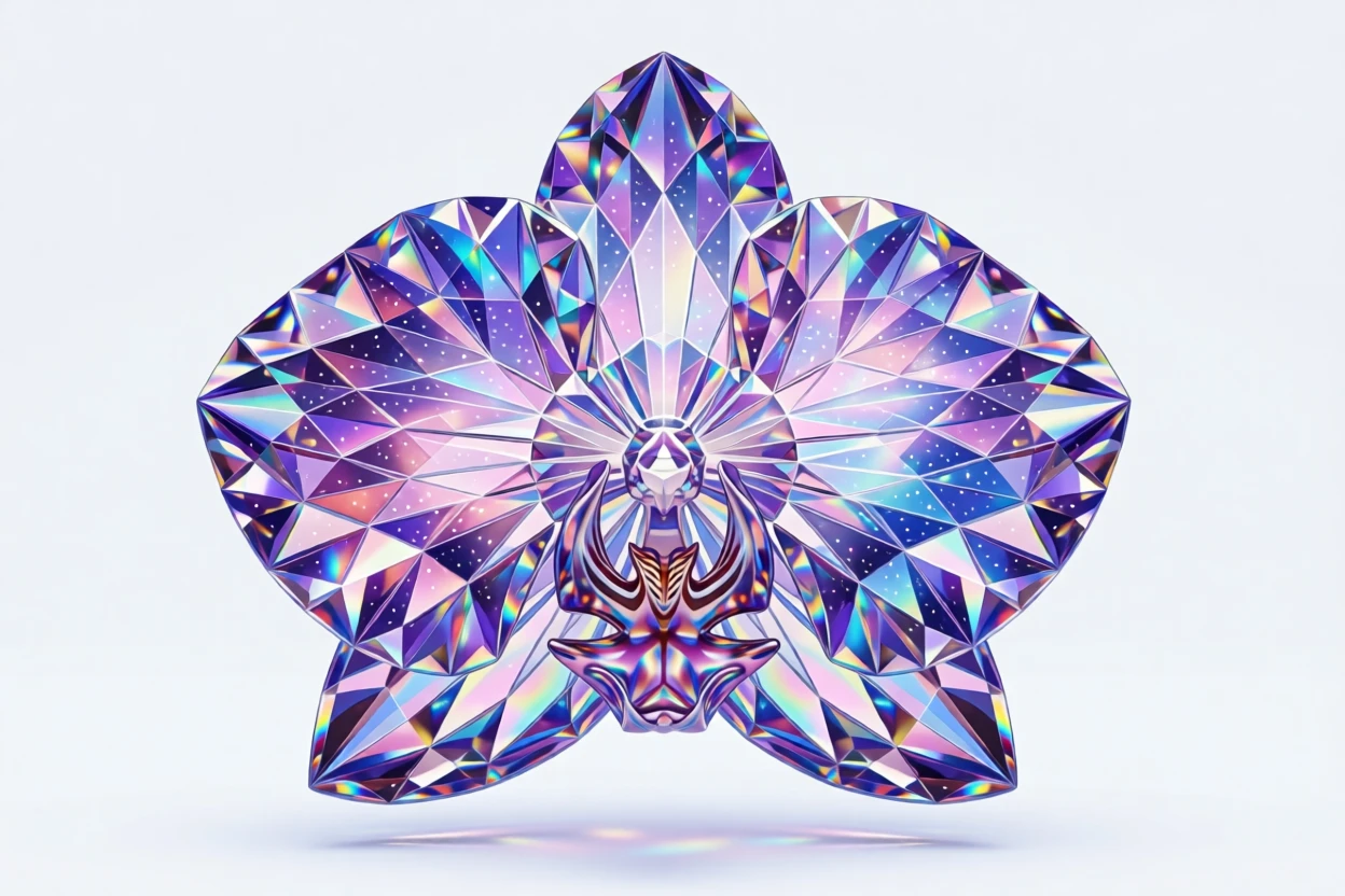 An abstract composition of geometric shards forming a blooming orchid galaxy.