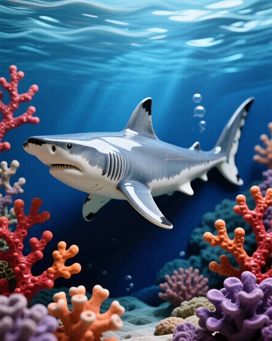 A hammerhead shark gliding through deep blue water drifting weightlessly through open blue, framed by vibrant coral formations, evoking the vast serenity of the ocean.