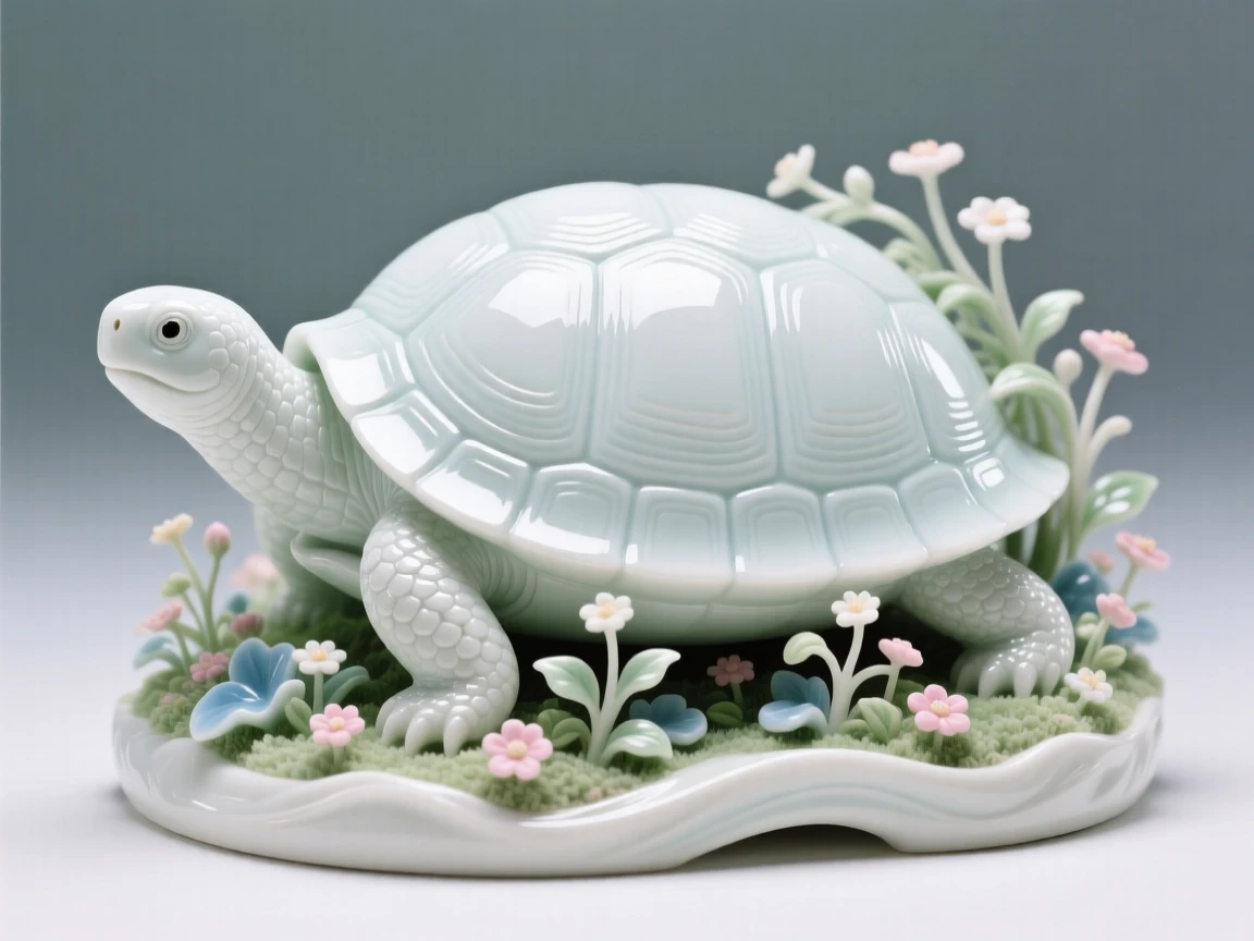 A dreamlike scene of a garden growing on the back of a giant tortoise, rendered with soft, dreamlike light.