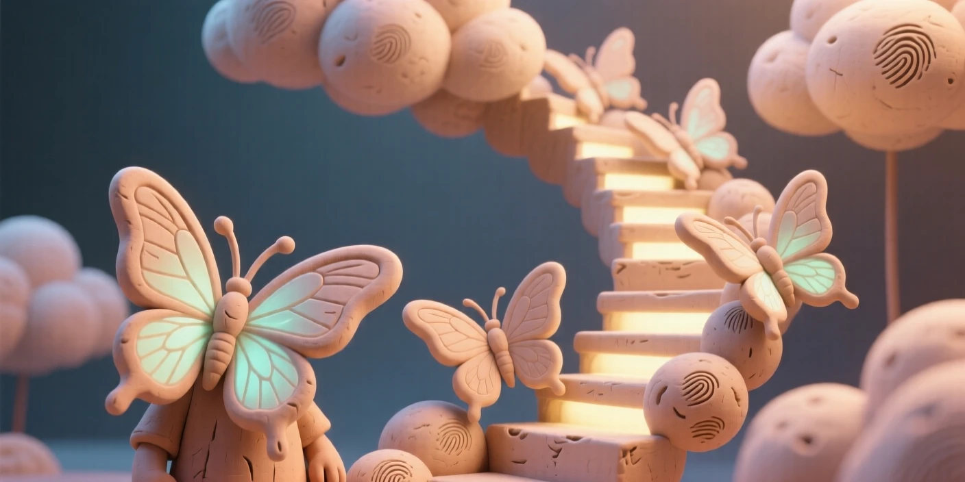 A spiral of butterflies forming a glowing staircase into the clouds