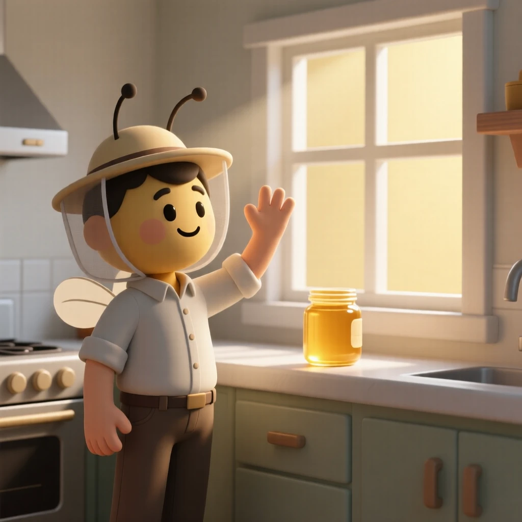 A proud young beekeeper waves at a jar of honey glowing gold in the afternoon sunlight through a kitchen window.
